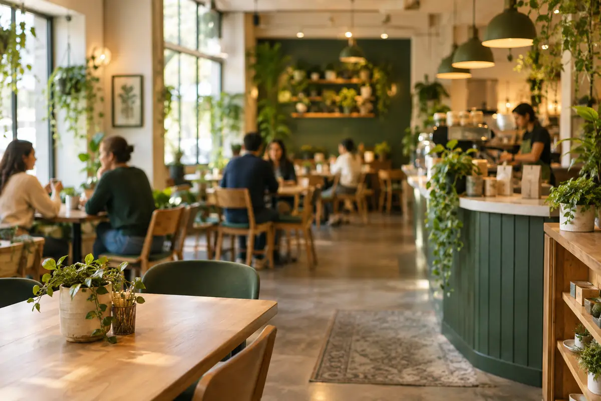 A busy neighborhood café with customers chatting at wooden tables and a barista behind the counter