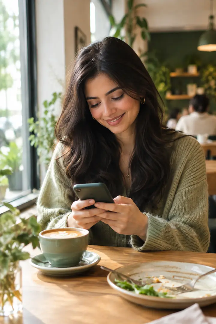 A woman smiling at her phone at a café table after her meal