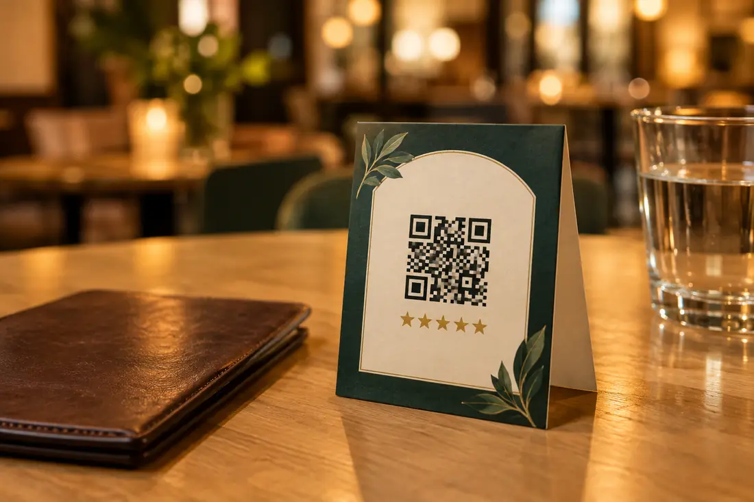 A green fold-up QR code table card with five gold stars on a restaurant table