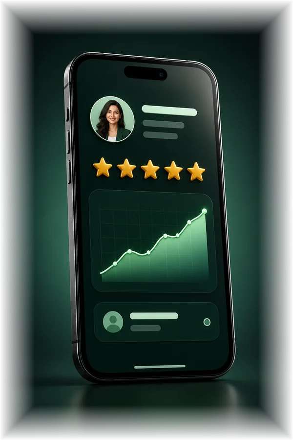 A phone showing the Talk2UsNow reputation dashboard with reviews, ratings, and alerts