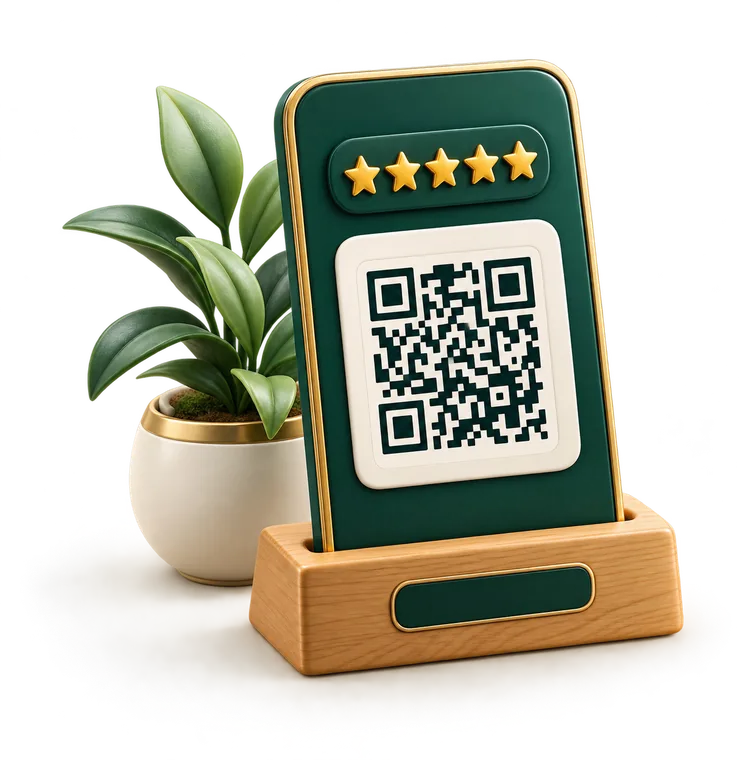 A green QR code review stand with five gold stars on a wooden base, next to a plant