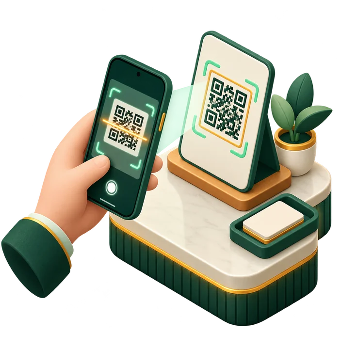 A customer scanning a Talk2UsNow QR code stand with their phone