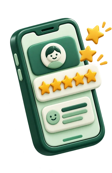 A phone showing a five-star rating and a customer review